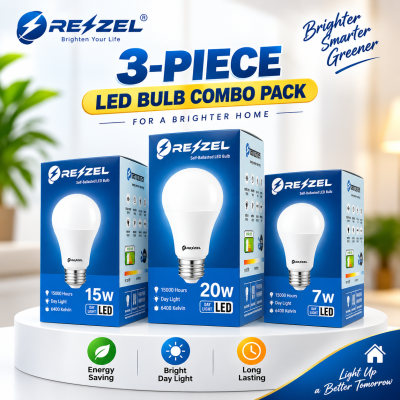Rezzel LED Bulb 3-Piece Combo Pack (20W, 15W, 7W) – Energy Saving 6400K Cool White LED Bulbs with 270° Beam Angle, High Lumen Output & 1 Year Warranty